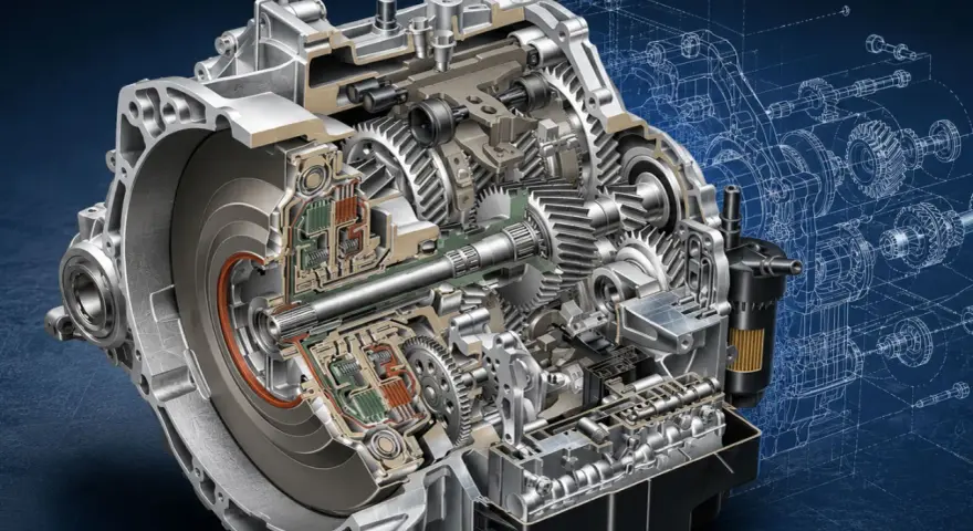 Przekładnia automatyczna w przekroju, ukazująca skomplikowane mechanizmy i koła zębate. Widoczne są elementy sterujące i hydrauliczne, które umożliwiają płynną zmianę **półbiegów**.