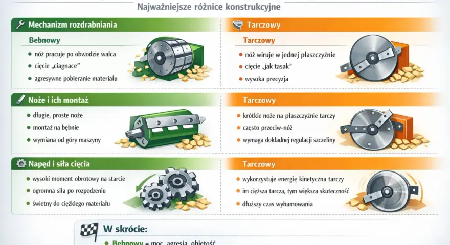 Ilustracja porównuje rębak bębnowy i tarczowy, pokazując ich mechanizmy, noże, napęd i siłę cięcia. Rębak bębnowy jest mocny i agresywny, tarczowy precyzyjny.