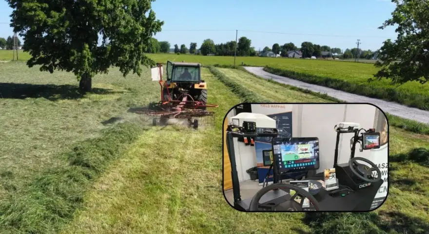 Tractor pracujący na polu, a w rogu symulator do rolnictwa precyzyjnego.