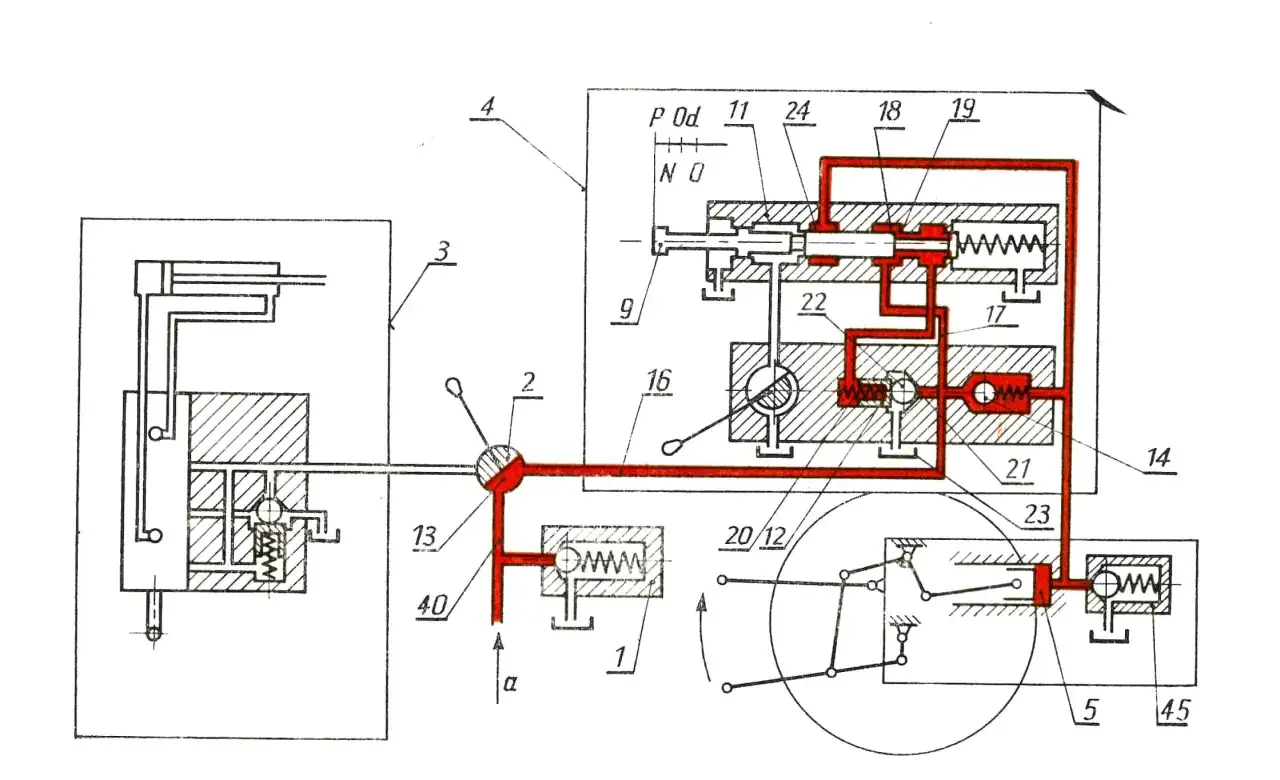 Schematyczny rysunek przedstawiający złożony układ hydrauliczny z elementami sterującymi i zaworami.
