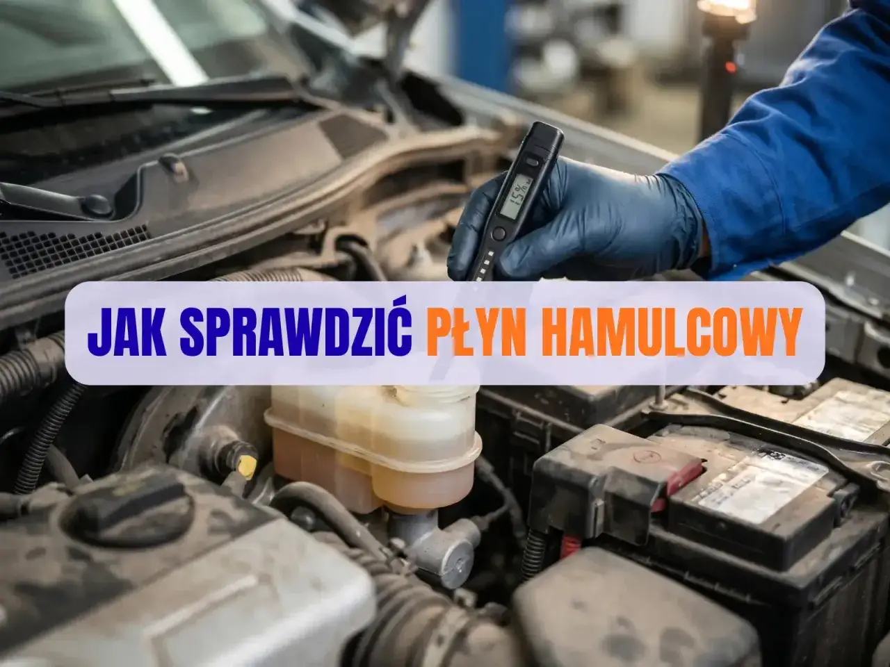 Mechanik w rękawiczce sprawdza testerem poziom płynu hamulcowego, kluczowego składnika układu hamulcowego.